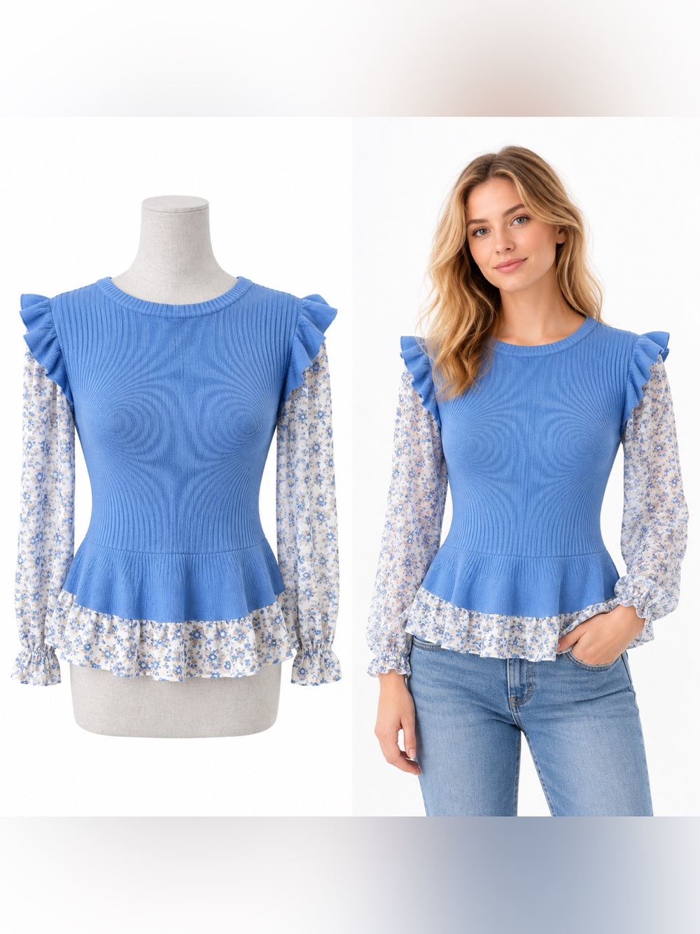 Anthropologie Blue Floral Sleeve Mixed Media Peplum Top S Like New